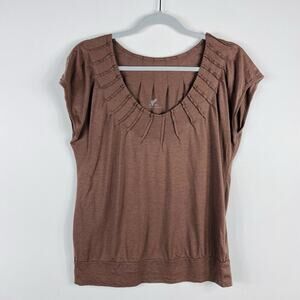Anthropologie Top Small Brown T-Shirt Tee Pintuck Detail Pima Cotton Blend
